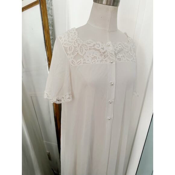 VINTAGE Olga Long Nylon & Lace Peignoir Button Open Robe Size Small - Picture 5 of 9